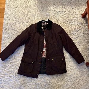 Good condition, size 8, dark wine color Barbour jacket